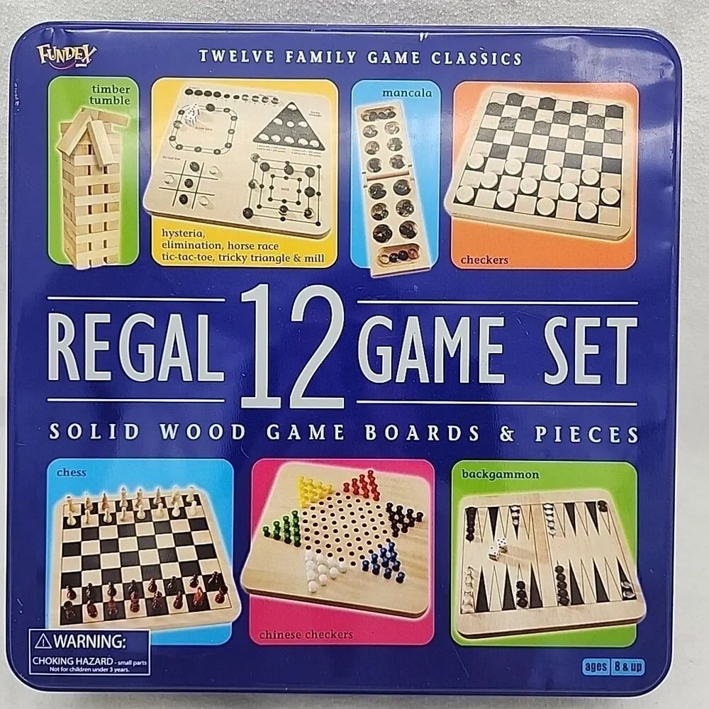 Game REGAL 12 SET Solid Wood Board & Pieces Chess Checkers Backgammon Mill NEW